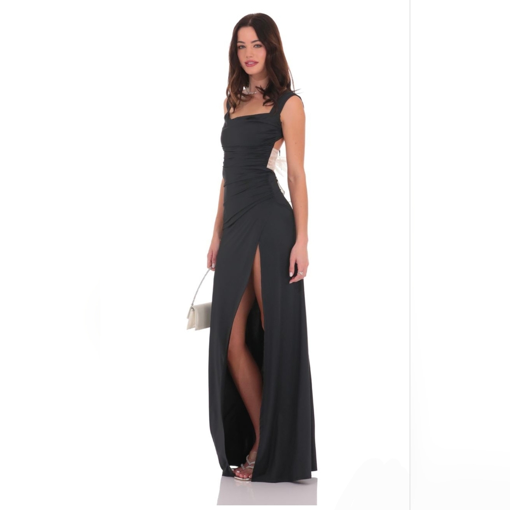 NWT Lucy in the Sky Black Formal Maxi Dress with Sheer White Bow In Back Size L - Picture 4 of 6